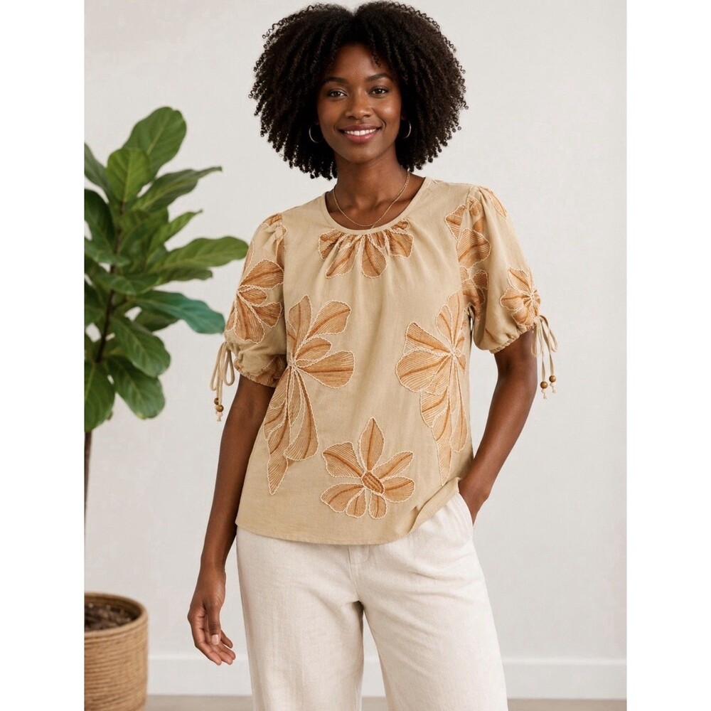 Badgley Mischka Puff-Sleeve Linen Blend Blouse Tan Sz Large